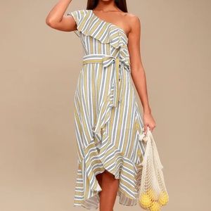 Lulus High Tide Yellow Striped One Shoulder Midi Dress